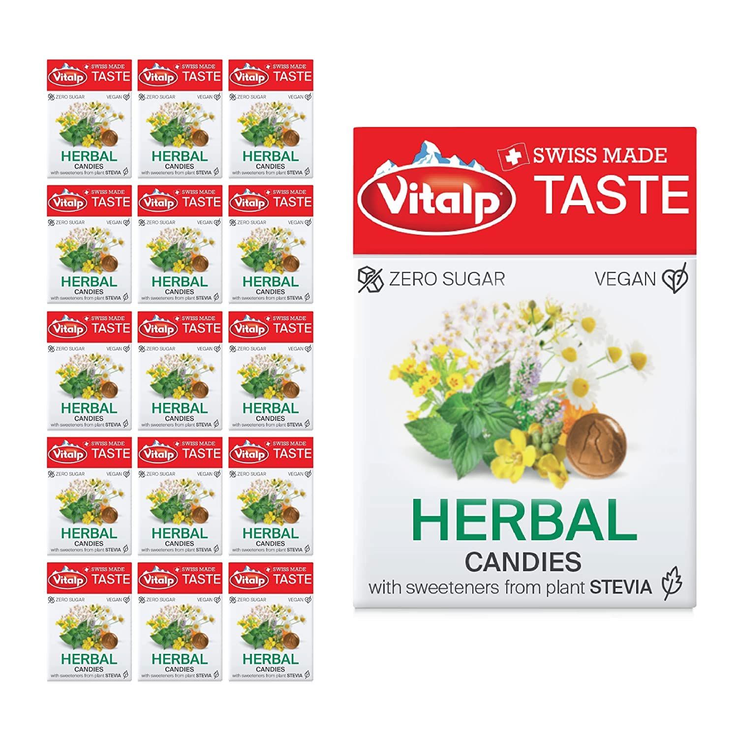 Vitalp Taste, Swiss Made, Sugar Free Candy with Stevia, Vegan, Herbal Flavor, 25g/0.88 Ounce Packs, 16 Boxes