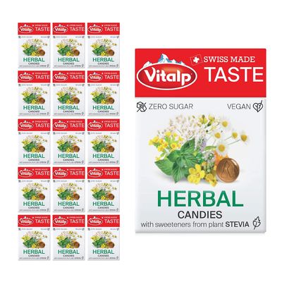 Vitalp Taste, Swiss Made, Sugar Free Candy with Stevia, Vegan, Herbal Flavor, 25g/0.88 Ounce Packs, 16 Boxes