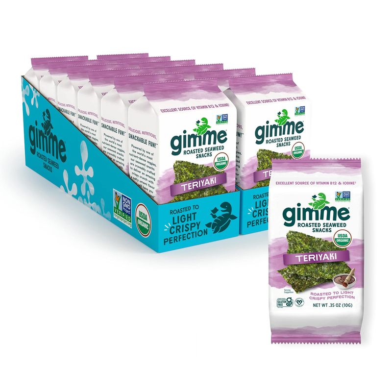 Gimme Seaweed - Teriyaki - 12 Count Sharing Size - Organic Roasted Seaweed Sheets - Keto, Vegan, Gluten Free - Great Source of Iodine &amp; Omega 3s - Healthy On-The-Go Snack for Kids &amp; Adults