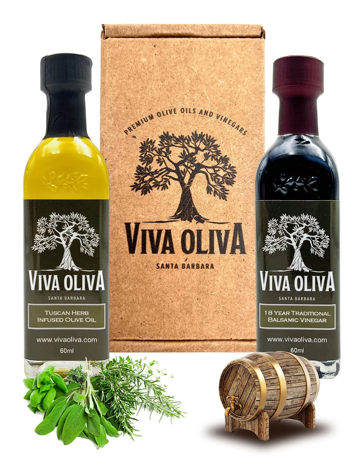 Viva Oliva Two 60ml (2oz) Variety Gift Set - Tuscan Herb Infused Olive Oil &amp; 18 Year Traditional Barrel Aged Balsamic Vinegar - Premium Quality - 100% Natural