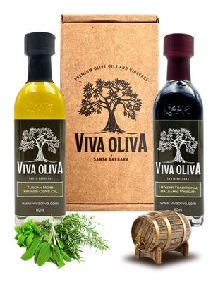 Viva Oliva Two 60ml (2oz) Variety Gift Set - Tuscan Herb Infused Olive Oil &amp; 18 Year Traditional Barrel Aged Balsamic Vinegar - Premium Quality - 100% Natural