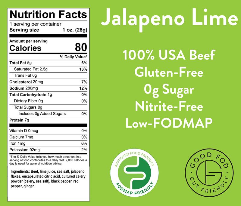 Good Fod Foods Jalapeno Lime Meat Sticks - Low FODMAP Snacks for a Healthy Gut, Zero Sugar Jerky Sticks, Keto Friendly, Gluten-Free Beef Sticks 1 Ounce (12 Pack)