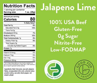 Good Fod Foods Jalapeno Lime Meat Sticks - Low FODMAP Snacks for a Healthy Gut, Zero Sugar Jerky Sticks, Keto Friendly, Gluten-Free Beef Sticks 1 Ounce (12 Pack)