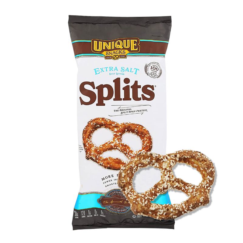 Unique Snacks Extra Salt Splits Pretzels, Original Split-Open Pretzels, Delicious Homestyle Baked Snack Bag, OU Kosher, and Non-GMO Food, No Artificial Flavor, 11 Oz. Bag, Pack of 12