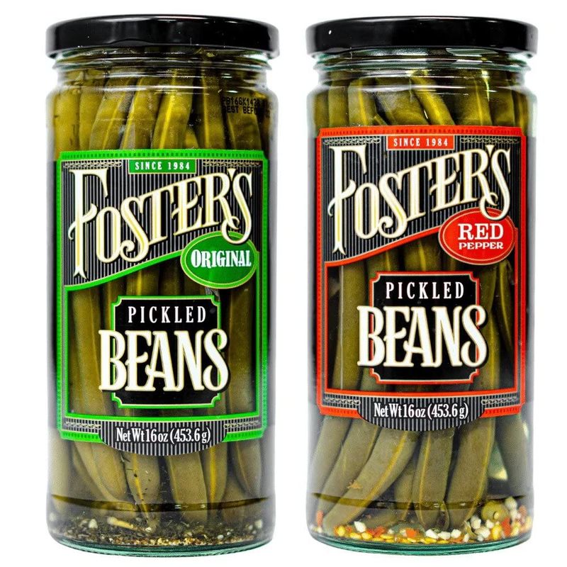 Fosters Pickled Green Beans- Variety Pack- 16oz (2 Pack)- Original and Red Pepper Spicy Pickled Green Beans- Pickled Vegetables Recipe for 30 years- Gluten Free- Fat Free- NO Preservatives