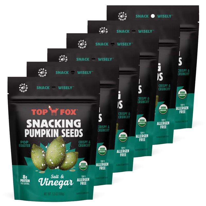 Top Fox Snacks - Organic Pop-Roasted Pumpkin Seeds | Healthy Protein Snacks - Gluten Free - Keto and Vegan Friendly (Salt &amp; Vinegar, 3.5 oz - 6 Pack)