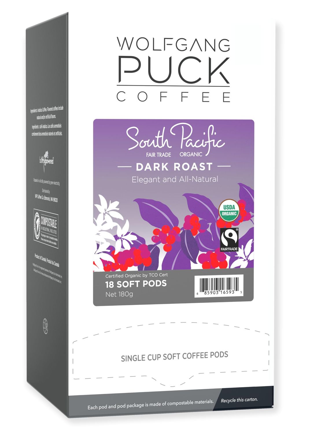 Wolfgang Puck Coffee, South Pacific Dark Roast, 9.5 Gram Soft Pod, 18 Count (Pack of 6)