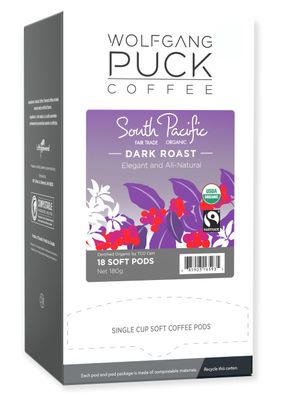 Wolfgang Puck Coffee, South Pacific Dark Roast, 9.5 Gram Soft Pod, 18 Count (Pack of 6)