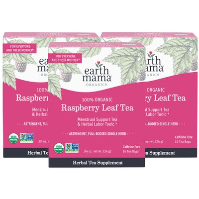 Earth Mama Organic Raspberry Leaf Tea Bags | Labor Tonic &amp; Menstrual Support Herbal Tea, Red Raspberry Leaf Tea for Pregnancy &amp; Postpartum Care Recovery, Caffeine Free Tea, Non GMO, (16 Teabags, 3-Pk)