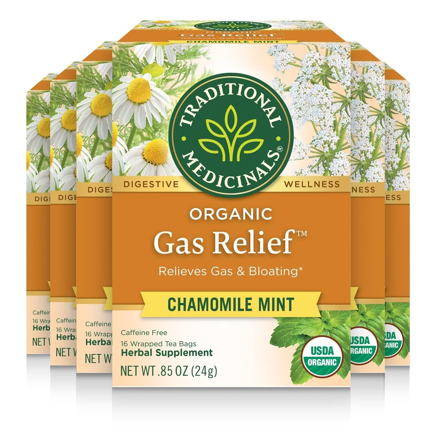 Traditional Medicinals Organic Gas Relief Digestive Tea (Pack of 6) - Relieves Gas &amp; Bloating- 96 Tea Bags Total