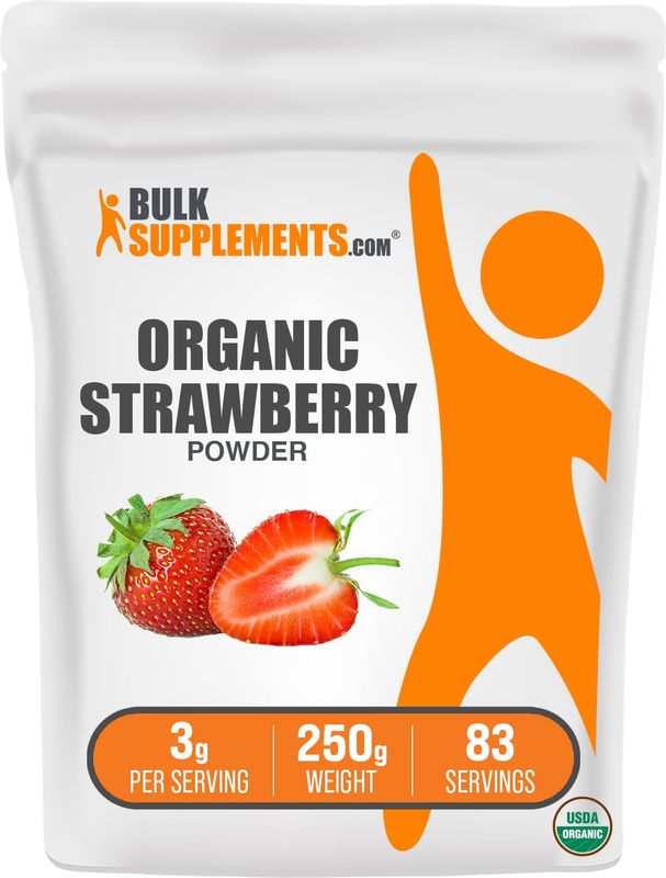 BulkSupplements.com Organic Strawberry Powder - Strawberry Powder Supplement, Strawberry Powder Organic - No Sugar Added &amp; Gluten Free, 3g per Serving, 250g (8.8 oz) (Pack of 1)