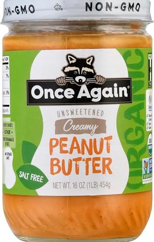 Once Again Organic Creamy Peanut Butter, 16oz - Salt Free, Unsweetened - USDA Organic, Gluten Free Certified, Vegan, Kosher - Glass Jar