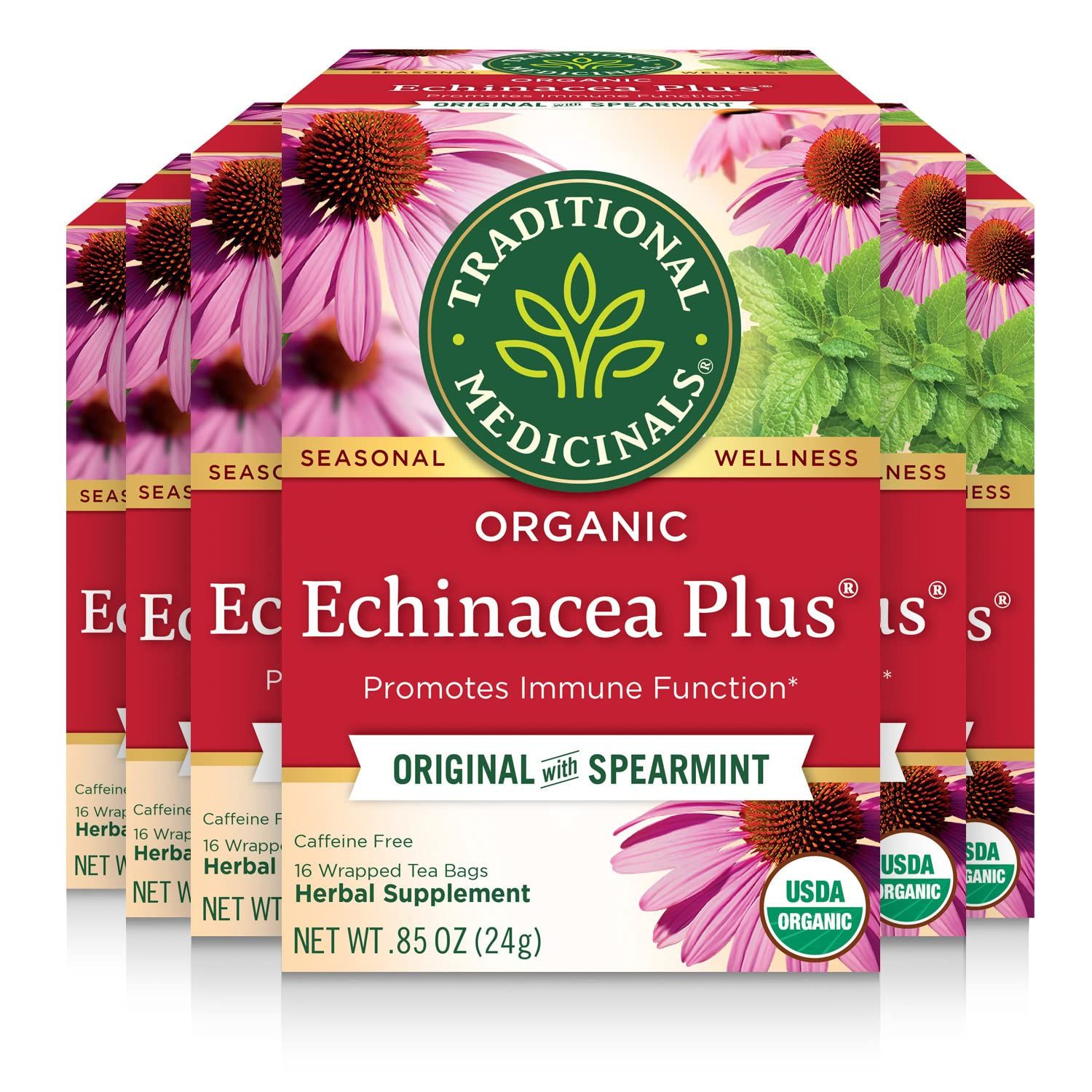 Traditional Medicinals Tea, Organic Echinacea Plus, Promotes Immune Function, w/Spearmint, 96 Tea Bags (6 Pack)