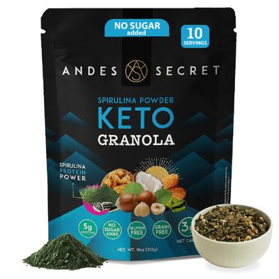 Andes Secret Spirulina Low Calorie Granola - 11oz High Protein Cereal, Keto Low Carb Granola for Yogurt - Nut Mix Almonds, Walnuts, Hazelnuts - 3g Net Carbs, No Sugar Added, Grain &amp; Gluten Free