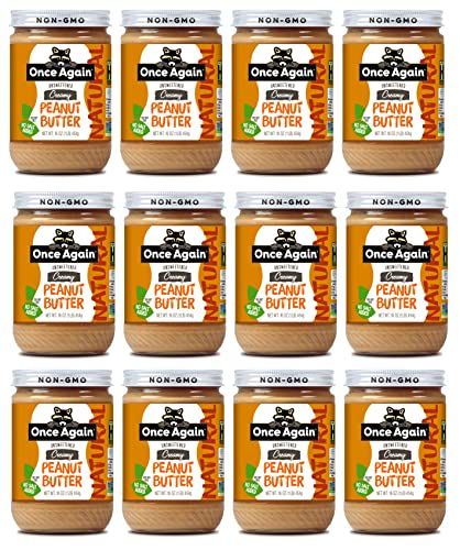 Once Again Natural, Creamy Peanut Butter, 16oz - Salt Free, Unsweetened - Gluten Free Certified, Vegan, Kosher, Non-GMO Verified - Glass Jar (12 Pack)