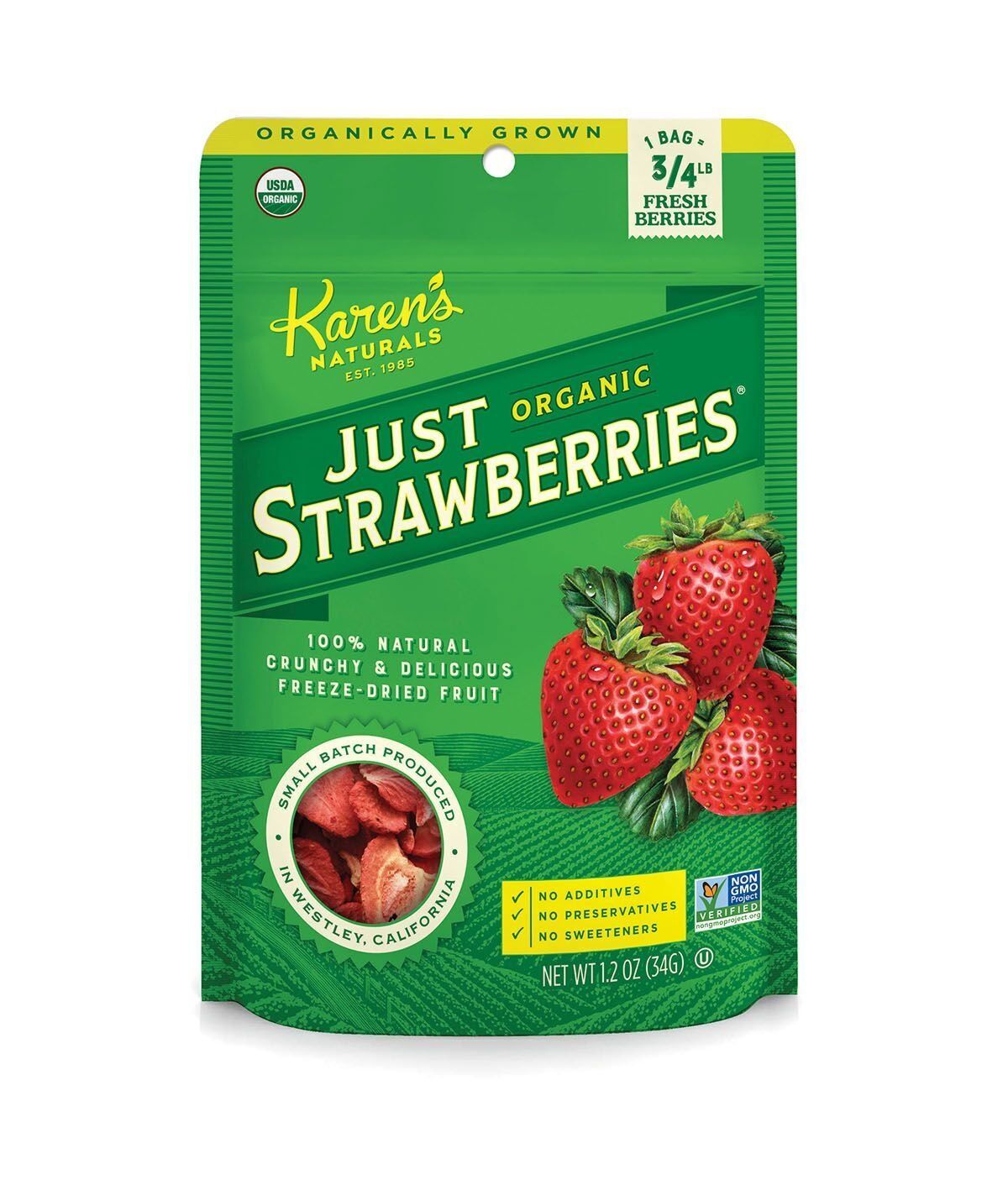 Karen's Naturals Organic Just Strawberries, 1.2 Ounce (Pack of 12) (Packaging May Vary) Organic All Natural Freeze-Dried Fruits &amp; Vegetables, No Additives, Non-GMO