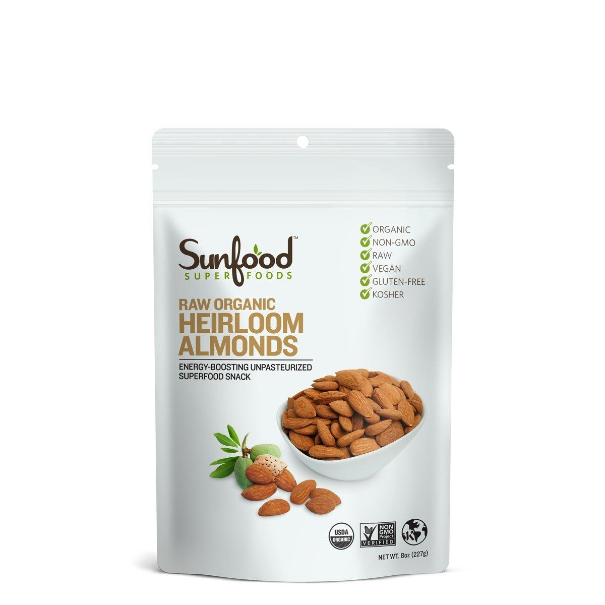 Sunfood Superfoods Heirloom Almonds- Raw, Shelled. Organic, Non-GMO. Never Treated with Heat for a Unique Natural Sweet Flavor. Unpasteurized. No Additives or Preservatives. 8 oz Bag