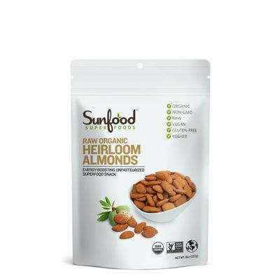 Sunfood Superfoods Heirloom Almonds- Raw, Shelled. Organic, Non-GMO. Never Treated with Heat for a Unique Natural Sweet Flavor. Unpasteurized. No Additives or Preservatives. 8 oz Bag