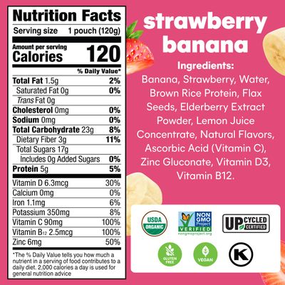 Noka Superfood Fruit Smoothie Pouches, Strawberry Banana with Immune Support, Healthy Snacks with Elderberry, Flax Seed, Plant Protein, and Prebiotic Fiber, Gluten Free and Vegan, 4.22 oz, 12 Count