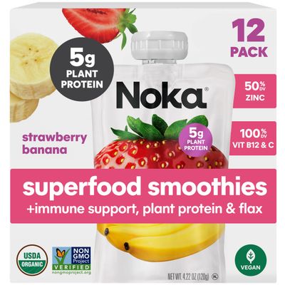 Noka Superfood Fruit Smoothie Pouches, Strawberry Banana with Immune Support, Healthy Snacks with Elderberry, Flax Seed, Plant Protein, and Prebiotic Fiber, Gluten Free and Vegan, 4.22 oz, 12 Count
