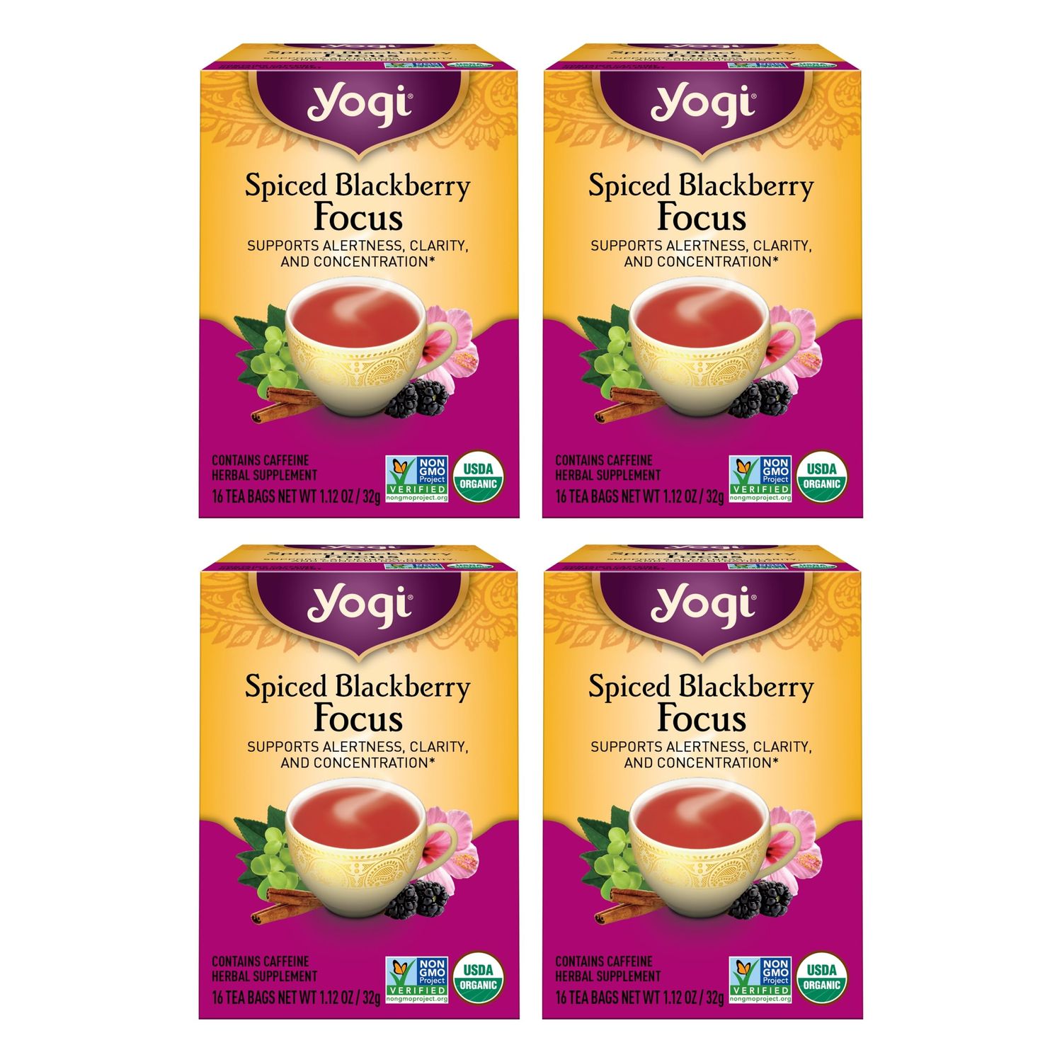 Yogi Tea Spiced Blackberry Focus Tea - 16 Tea Bags per Pack (4 Packs) - Organic Blackberry Tea for Focus with Caffeine - Includes Black Tea Leaf, Hibiscus Flower, Cinnamon Bark &amp; More