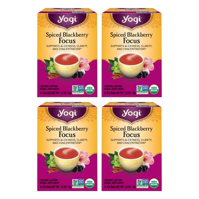 Yogi Tea Spiced Blackberry Focus Tea - 16 Tea Bags per Pack (4 Packs) - Organic Blackberry Tea for Focus with Caffeine - Includes Black Tea Leaf, Hibiscus Flower, Cinnamon Bark &amp; More
