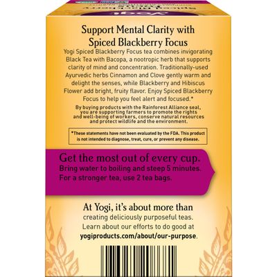 Yogi Tea Spiced Blackberry Focus Tea - 16 Tea Bags per Pack (4 Packs) - Organic Blackberry Tea for Focus with Caffeine - Includes Black Tea Leaf, Hibiscus Flower, Cinnamon Bark &amp; More