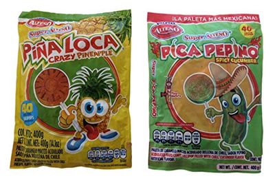 Alteno Super Pina Loca (Crazy Pineapple) Lolipops Bundled with Alteno Pica Pepino (Spicy Cucumber) Lolipops, 40 pieces per bag, 14.1 oz each