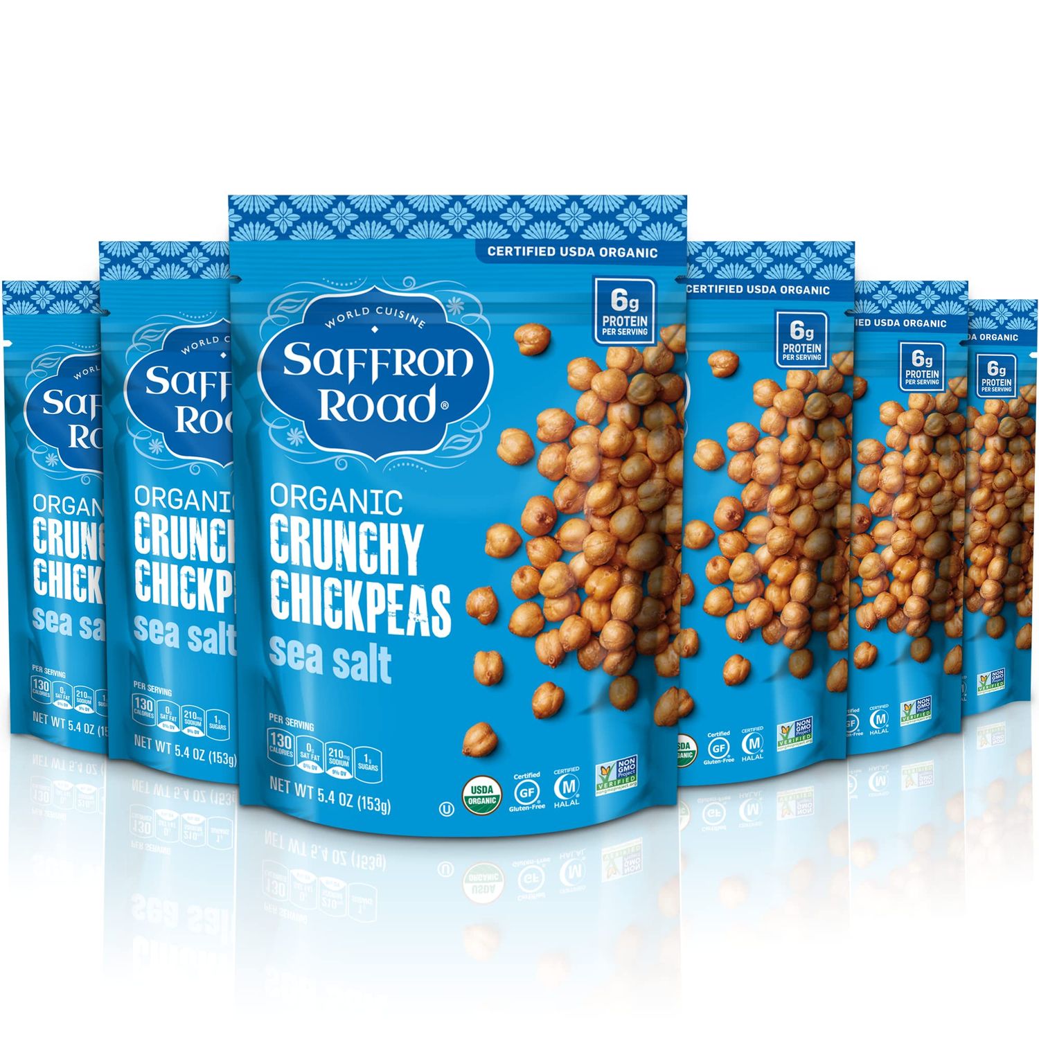 Saffron Road Organic Sea Salt Crunchy Roasted Chickpea Snacks- 5.4oz 6-pack, Gluten Free, Non-GMO, Vegan Dried Crispy Chickpeas with Protein, Fiber