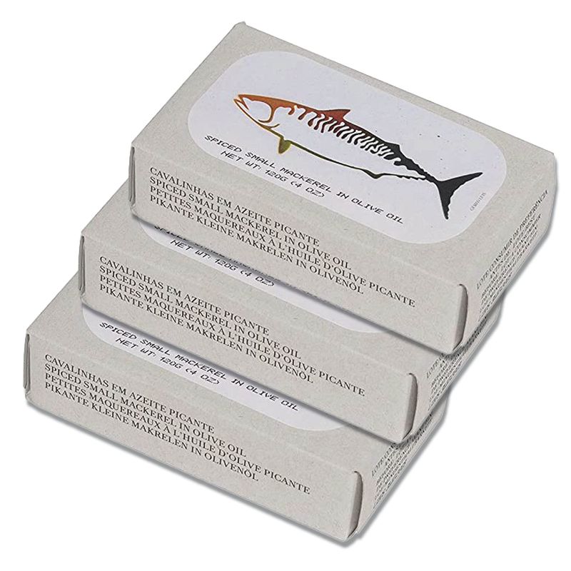 Canned Spiced Small Mackerel in Olive Oil by Jose Gourmet, Wild Caught Portuguese Mackerel, Tinned Fish in Olive Oil, High Protein Sustainable Seafood Snacks, Omega 3, Fair Trade, 120g Can, Pack of 3