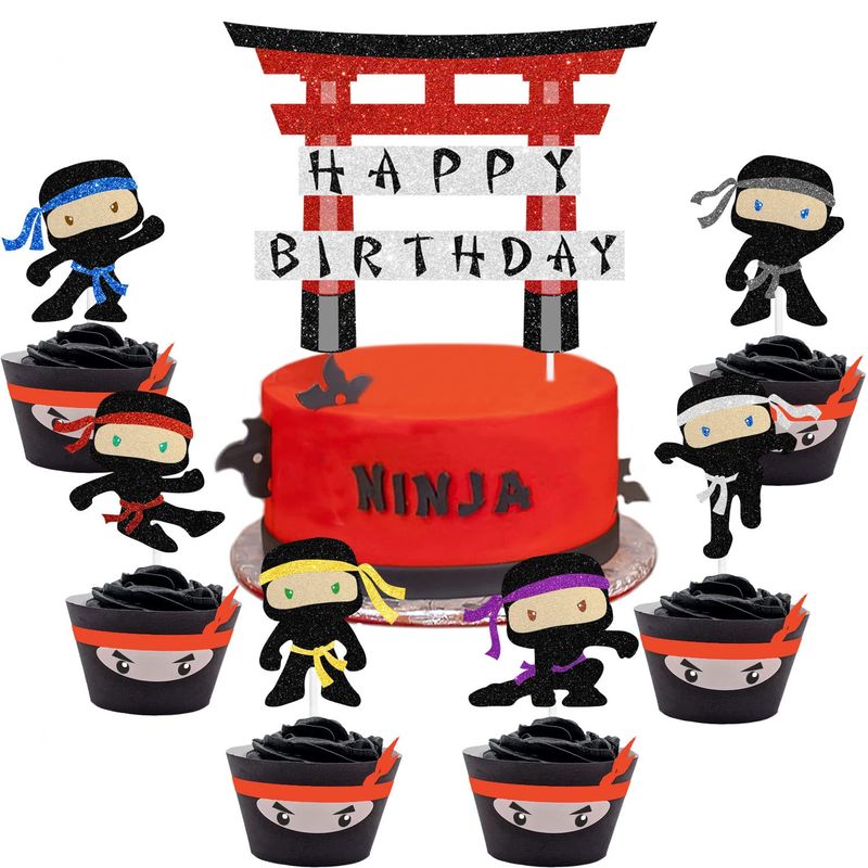 7 Pieces Ninja Happy birthday Cake Topper Decor Kit - kung fu ninja competition theme Samurai Birthday Party Decoration