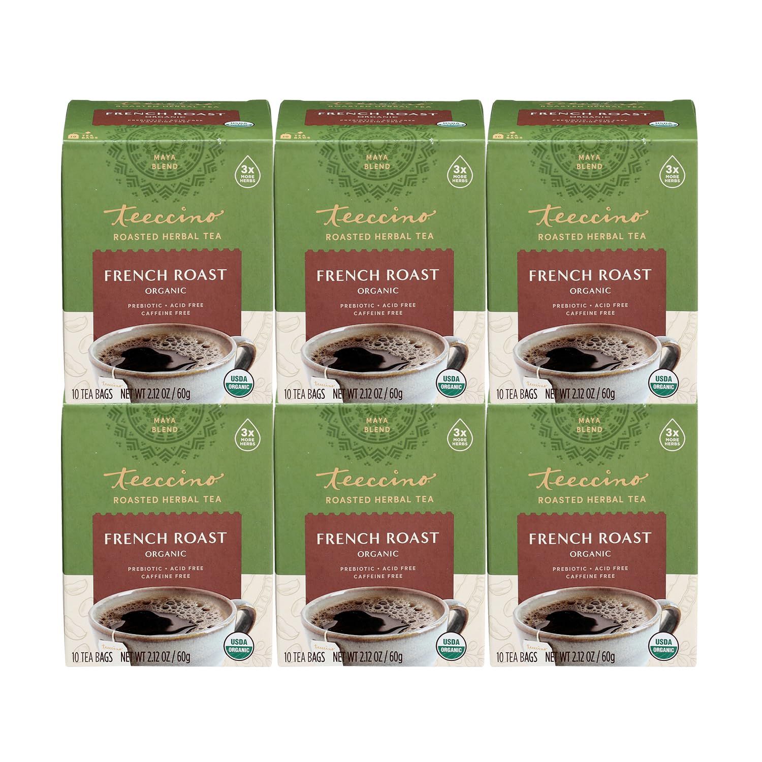 Teeccino French Roast Herbal Tea - Rich &amp; Roasted Herbal Tea Thats Caffeine Free &amp; Prebiotic for Natural Energy, Coffee Alternative, 10 Tea Bags (Pack of 6)