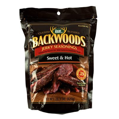 LEM Products Backwoods Sweet &amp; Hot Jerky Seasoning, Ideal for Wild Game and Domestic Meat, Seasons Up to 25 Pounds of Meat, 28.9 Ounce Packet with Pre-Measured Cure Packet Included