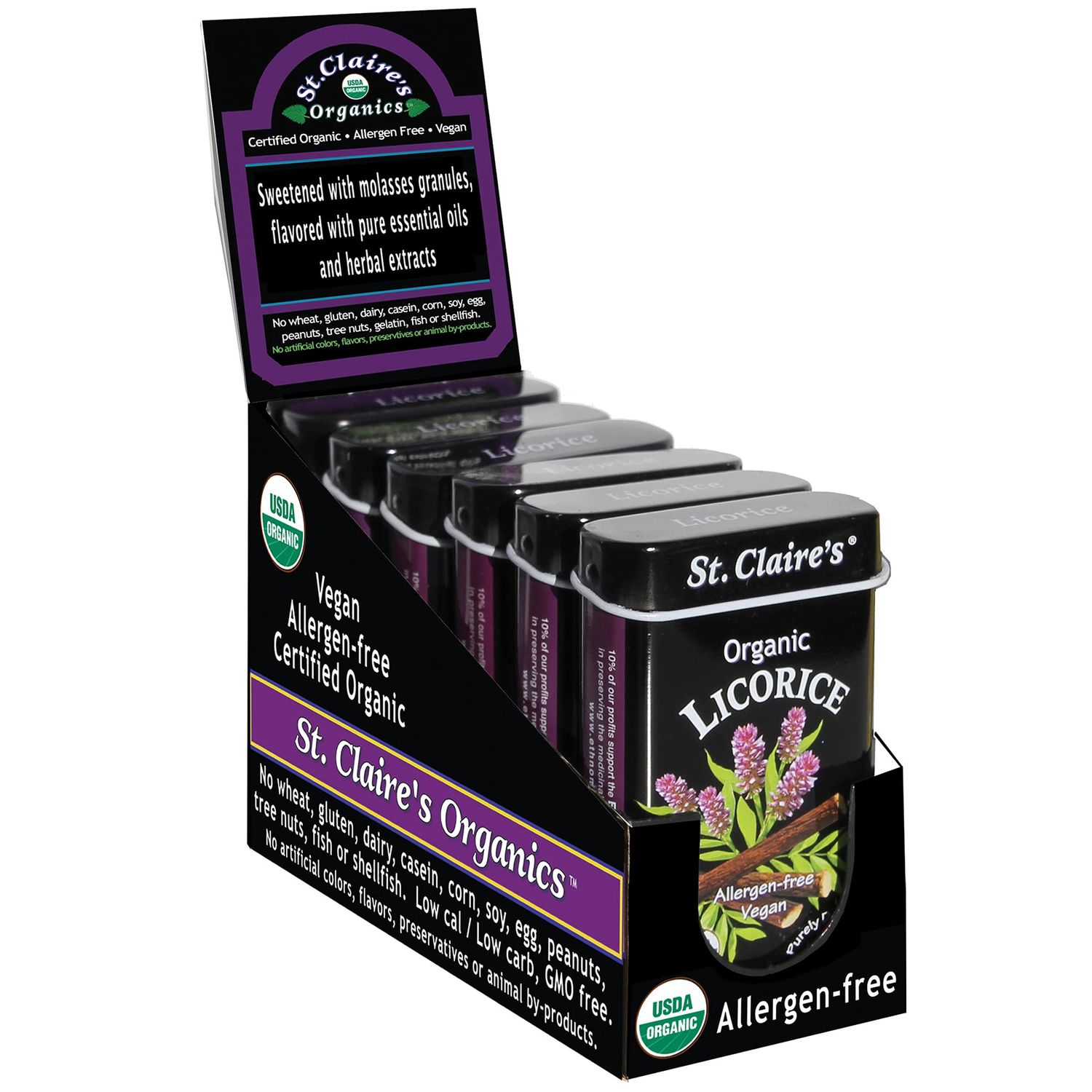St. Claire&#39;s Organic Herbal Pastilles, (Licorice, 1.5 Ounce Tin, Pack of 6) | Gluten-Free, Vegan, GMO-Free, Plant-based, Allergen-Free | Made in our Allergen-Free facility