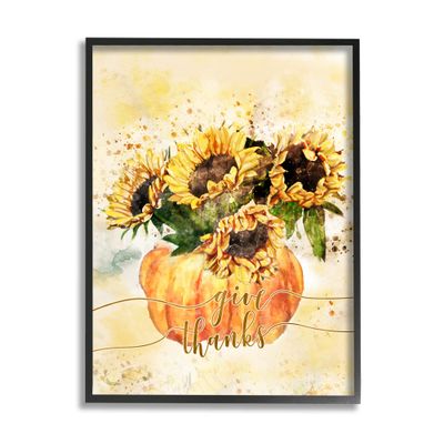 Stupell Industries Give Thanks Phrase Orange Pumpkin Sunflower Floral Burst Black Framed Wall Art, 11 x 14, Yellow