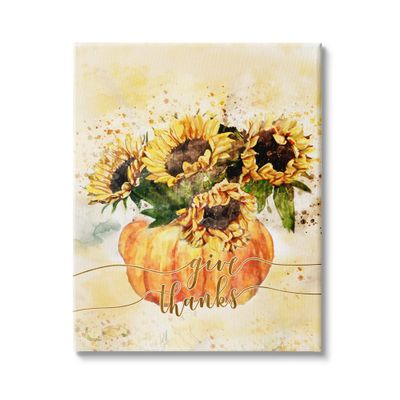 Stupell Industries Give Thanks Phrase Orange Pumpkin Sunflower Floral Burst Canvas Wall Art, 36 x 48, Yellow