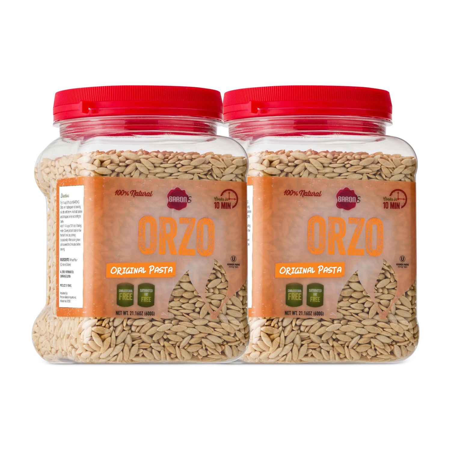 Barons Orzo Pasta Original | 2 Pack of 21.16oz Kosher Jars | Natural Israeli Rice-Shaped Orzo for Soups, Casseroles &amp; Salads | Cooks in 10 Minutes for Creamy &amp; Delicious Risottos or Rice Pilaf