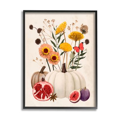 Stupell Industries Autumn Harvest Arrangement Pumpkin Pomegranate Fig Fruits Black Framed Wall Art, 11 x 14, Beige