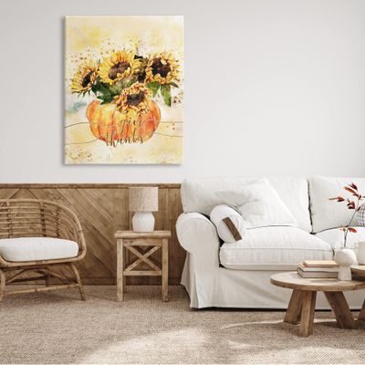 Stupell Industries Give Thanks Phrase Orange Pumpkin Sunflower Floral Burst Canvas Wall Art, 36 x 48, Yellow