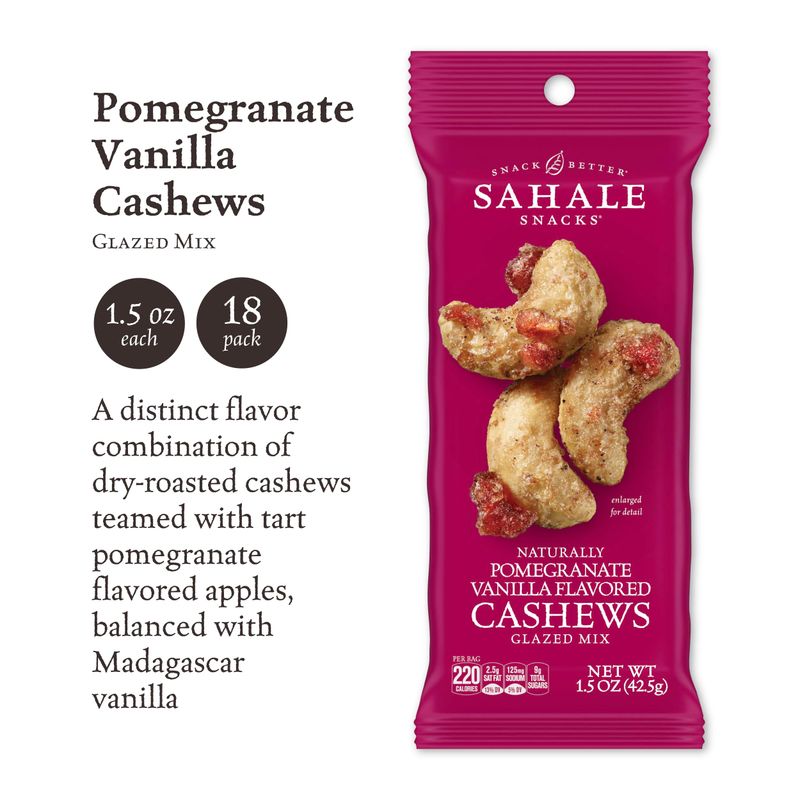 Sahale Snacks Pomegranate Vanilla Cashews, 1.5 oz Bags (18 Packs) - Dry-Roasted Deluxe Mixed Nuts with Pomegranate Infused Apples &amp; Madagascar Vanilla - Non-GMO, Kosher, &amp; Certified Gluten-Free Snacks