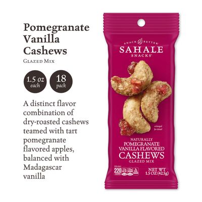 Sahale Snacks Pomegranate Vanilla Cashews, 1.5 oz Bags (18 Packs) - Dry-Roasted Deluxe Mixed Nuts with Pomegranate Infused Apples &amp; Madagascar Vanilla - Non-GMO, Kosher, &amp; Certified Gluten-Free Snacks
