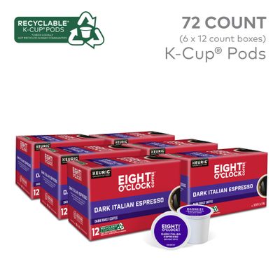 Eight O'Clock Coffee Dark Italian Espresso Roast, Keurig Single Serve K-Cup Pods, Dark Roast, 12 Count (Pack of 6)