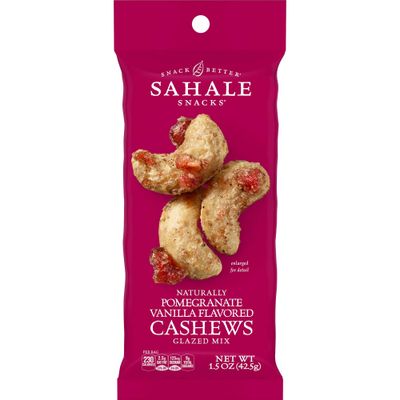 Sahale Snacks Pomegranate Vanilla Cashews, 1.5 oz Bags (18 Packs) - Dry-Roasted Deluxe Mixed Nuts with Pomegranate Infused Apples &amp; Madagascar Vanilla - Non-GMO, Kosher, &amp; Certified Gluten-Free Snacks