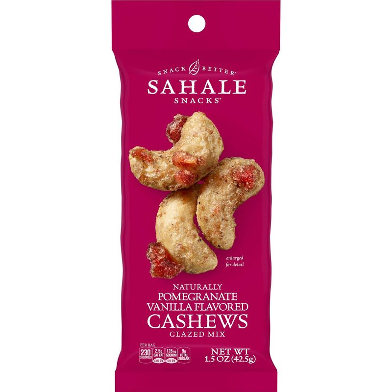 Sahale Snacks Pomegranate Vanilla Cashews, 1.5 oz Bags (18 Packs) - Dry-Roasted Deluxe Mixed Nuts with Pomegranate Infused Apples &amp; Madagascar Vanilla - Non-GMO, Kosher, &amp; Certified Gluten-Free Snacks