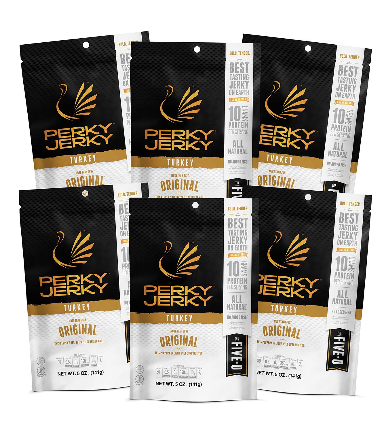 Perky Jerky Original Turkey Jerky, 5 oz Bags (Pack of 6) - Low Sodium - 10g Protein per Serving - Low Fat - 100% U.S. Sourced - Tender Texture and Bold Flavor
