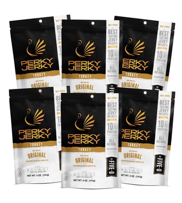 Perky Jerky Original Turkey Jerky, 5 oz Bags (Pack of 6) - Low Sodium - 10g Protein per Serving - Low Fat - 100% U.S. Sourced - Tender Texture and Bold Flavor