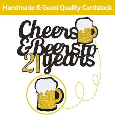 Cheers to 21 Years Cake Topper, Happy 21st Birthday Cake Topper, 21th Anniversary Birthday Party Supplies Black and Gold Glitter Decorations Double Sided