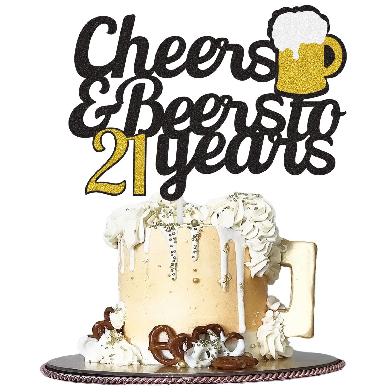 Cheers to 21 Years Cake Topper, Happy 21st Birthday Cake Topper, 21th Anniversary Birthday Party Supplies Black and Gold Glitter Decorations Double Sided