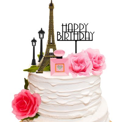 8 Pcs Paris Cake Topper Eiffel Tower Cake Topper with Happy Birthday Cake Topper Street Lamp Rose 7 Inch Eiffel Tower Party Decoration for Birthday Celebration Gift(Morden Color)