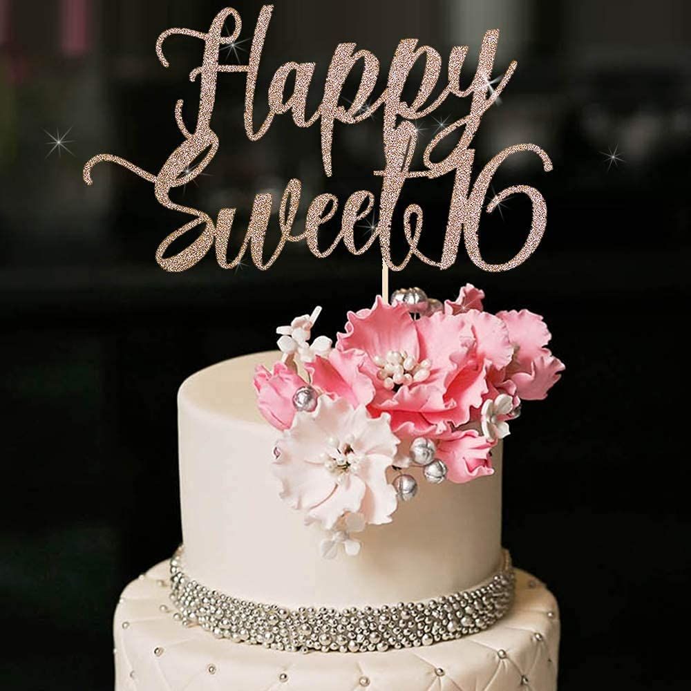YUINYO Happy Sweet 16 Cake Topper -Cheers to 16 Year - Happy 16th Birthday Cake Topper- Sweet Sixteen /16th Wedding Anniversary Party Decoration (Rose Gold)